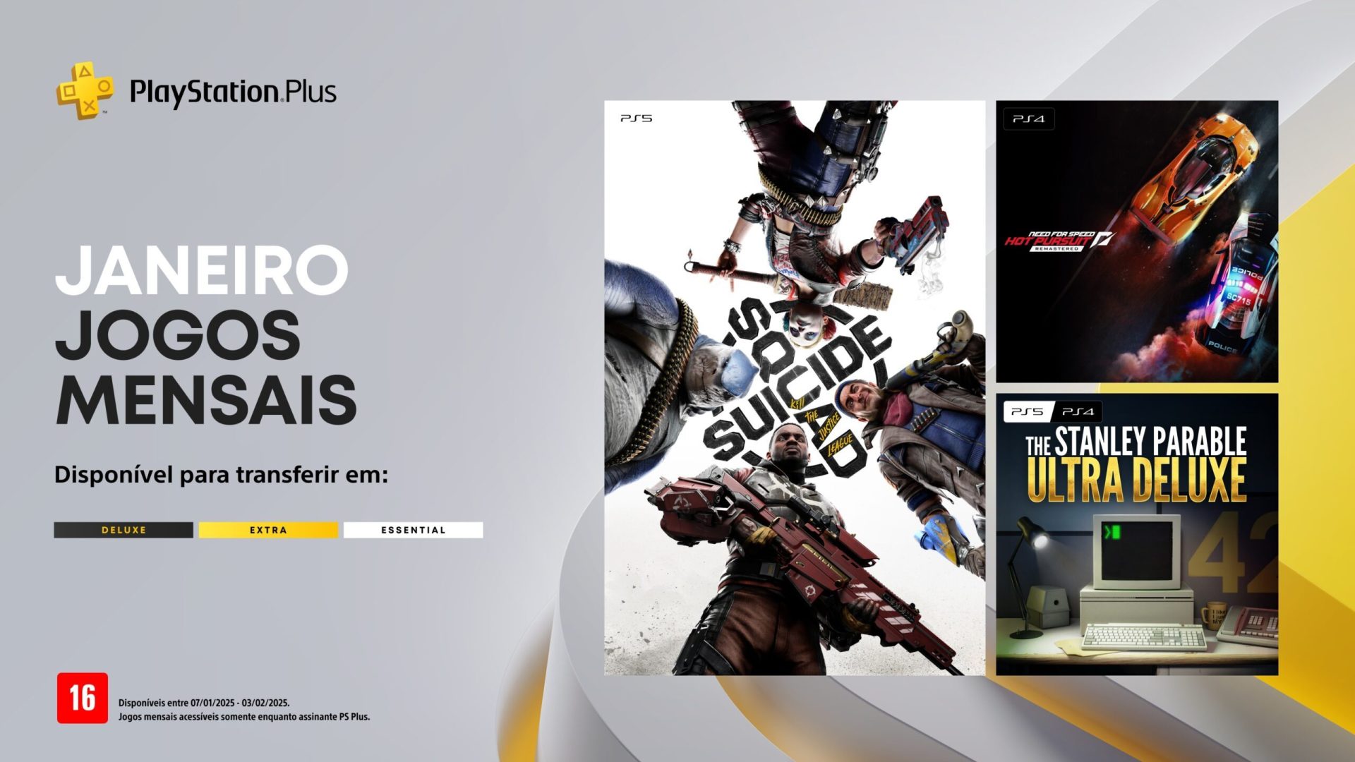 Jogos mensais de janeiro de 2025 para assinantes PlayStation Plus: Esquadrão Suicida: Mate a Liga da Justiça, Need for Speed Hot Pursuit, The Stanley Parable: Ultra Deluxe